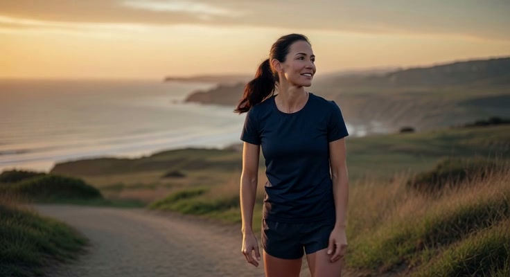 A woman walking a coastal path at sunset